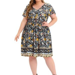 Plus Size Black Floral V-Neck Smocked Waist Midi Dress